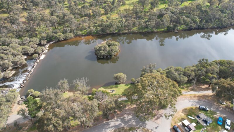 Aerial view of river and edge of Boddington Caravan Park